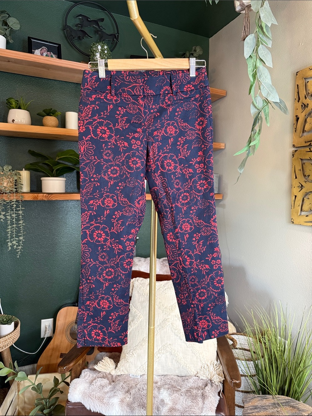 LOFT Navy Ankle Pants with Red Floral Print